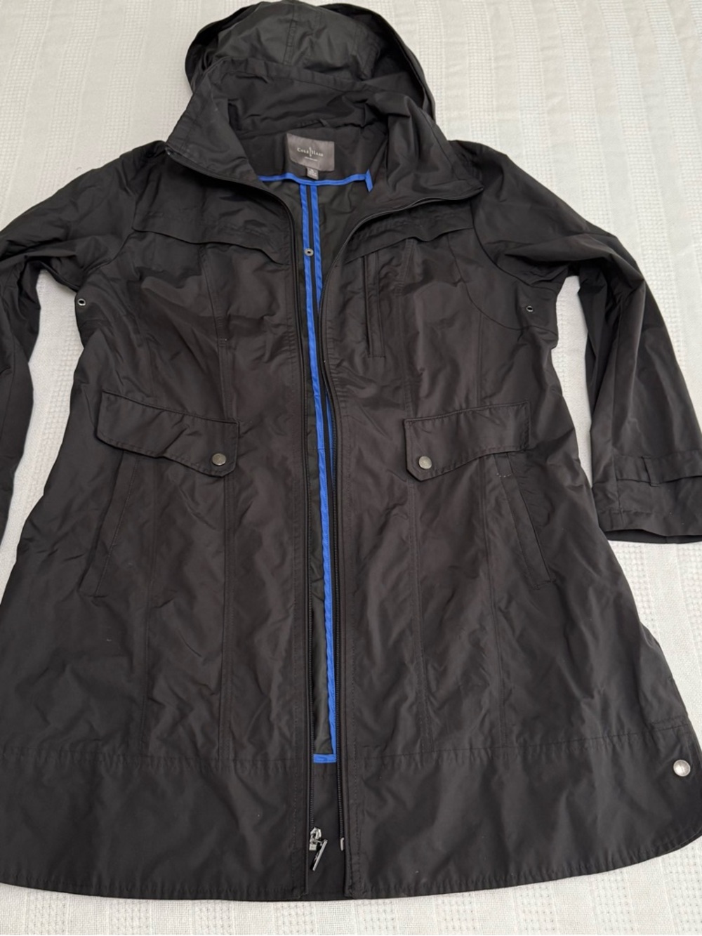 Cole Haan Black Trench Rain Coat with Blue Trim